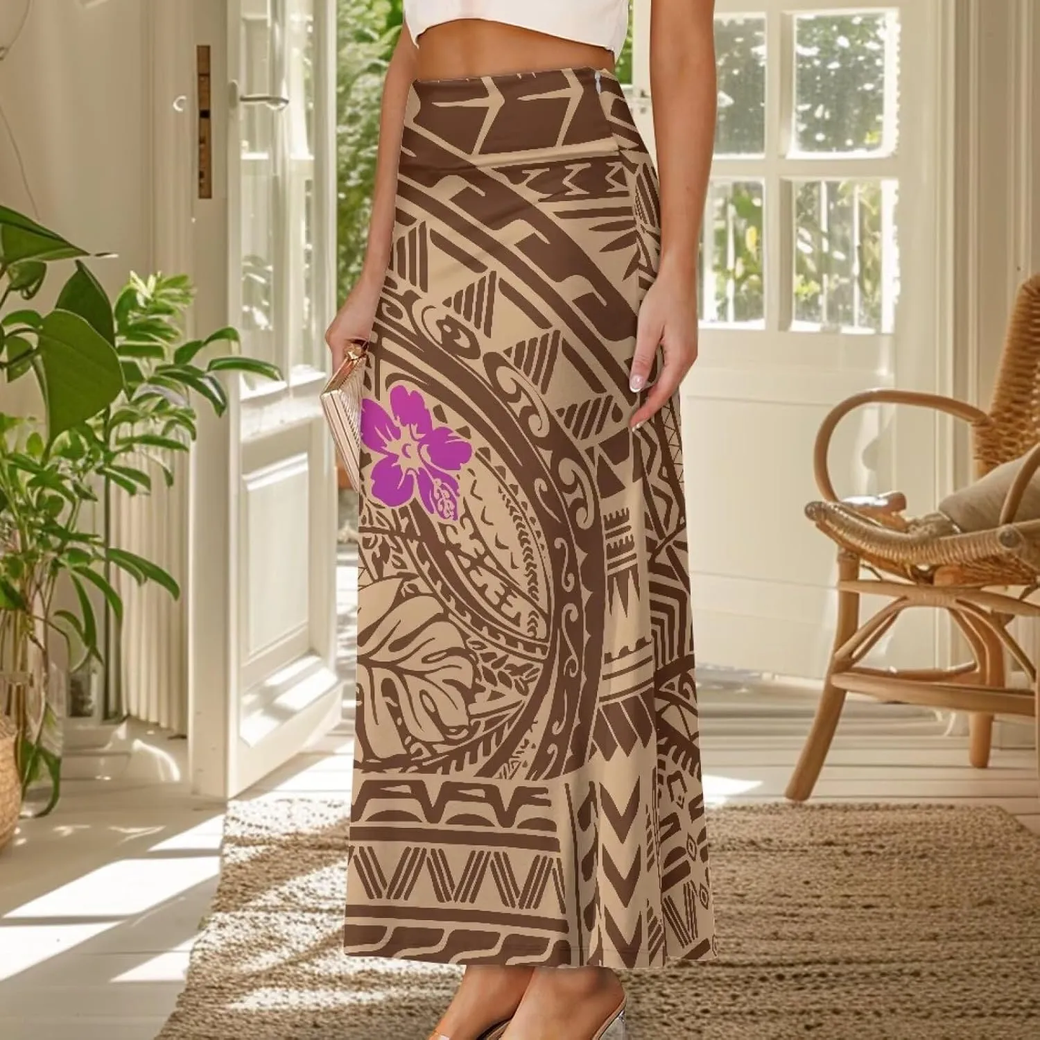 Polynesian Tribal Tatau Pattern Women's Long Maxi Skirt Vintage High Waisted A-Link Long Maxi Skirt