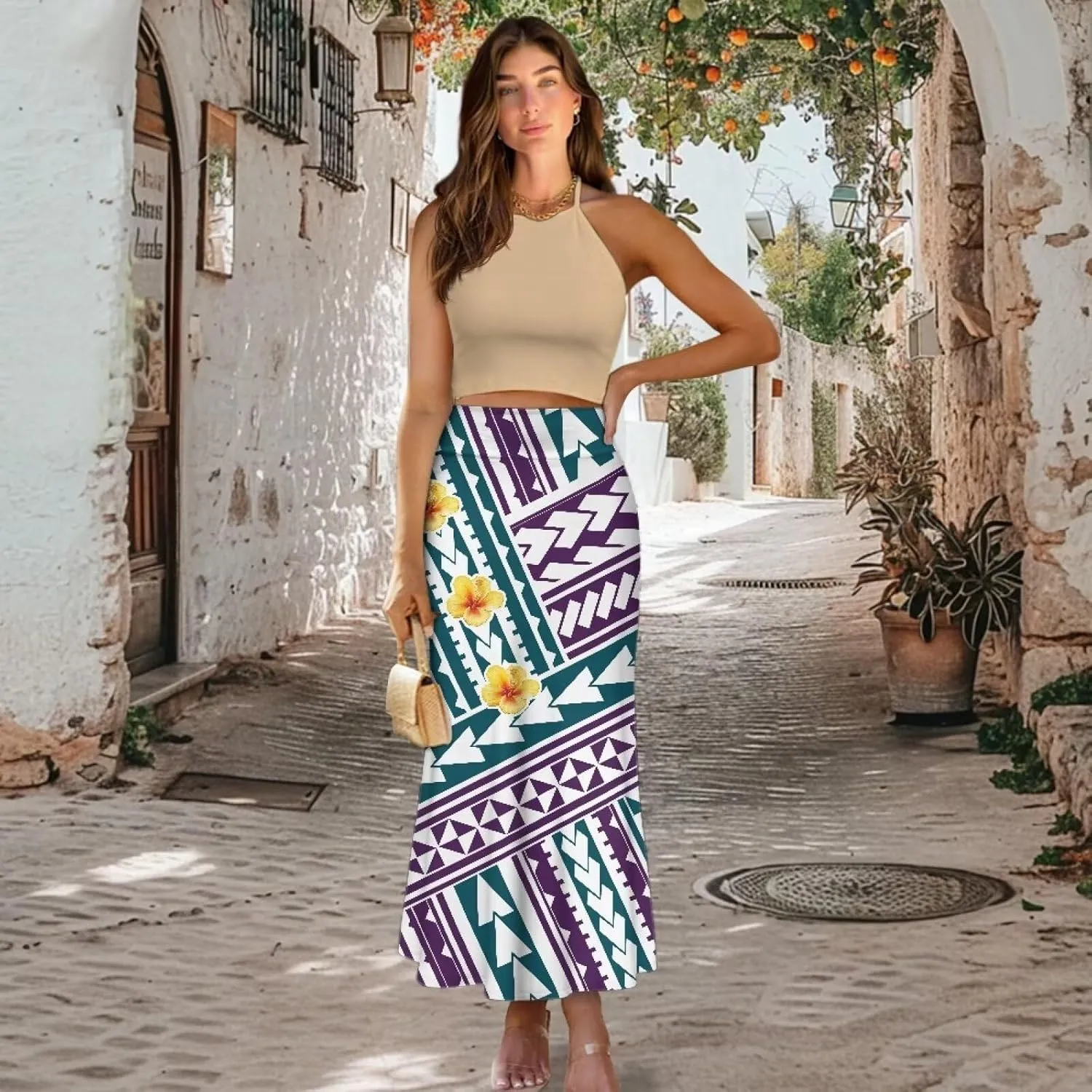 Polynesian Tribal Tatau Pattern Women's Long Maxi Skirt Vintage High Waisted A-Link Long Maxi Skirt