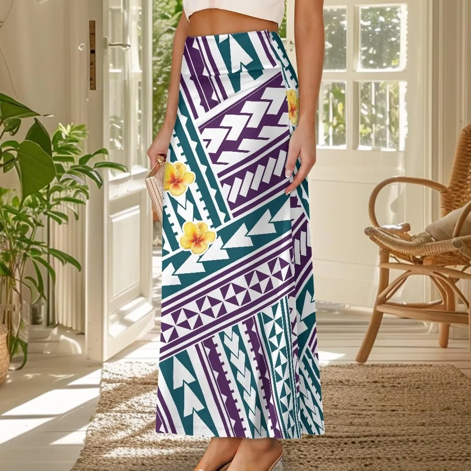 Polynesian Tribal Tatau Pattern Women's Long Maxi Skirt Vintage High Waisted A-Link Long Maxi Skirt