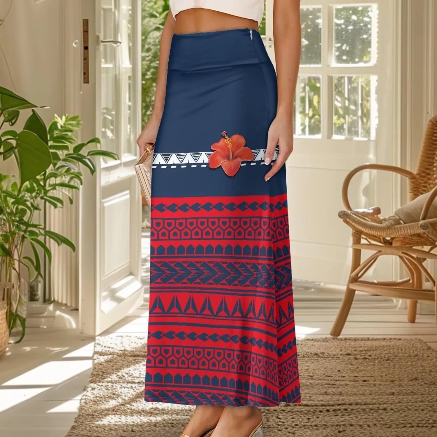 Polynesian Tribal Tatau Pattern Women's Long Maxi Skirt Vintage High Waisted A-Link Long Maxi Skirt