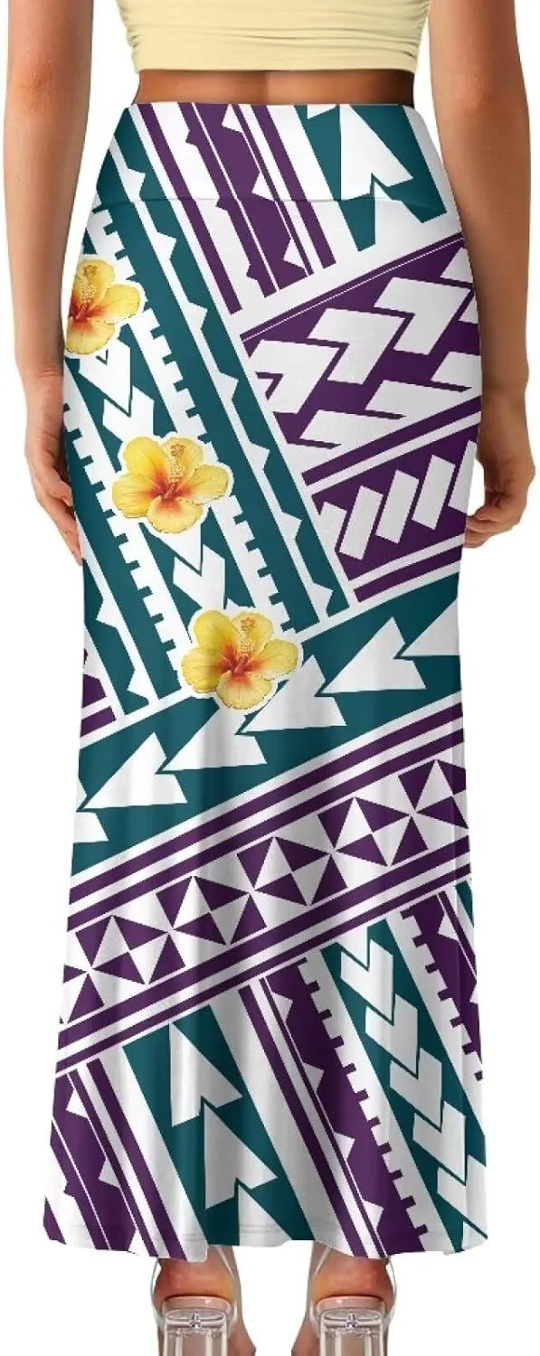 Polynesian Tribal Tatau Pattern Women's Long Maxi Skirt Vintage High Waisted A-Link Long Maxi Skirt