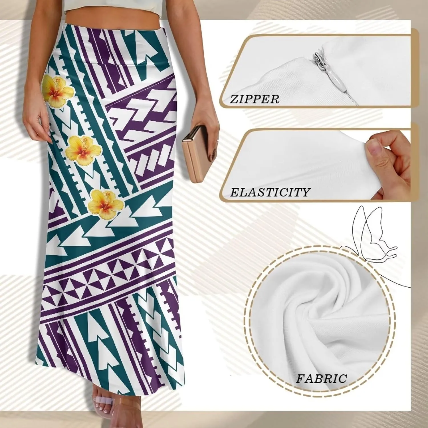 Polynesian Tribal Tatau Pattern Women's Long Maxi Skirt Vintage High Waisted A-Link Long Maxi Skirt