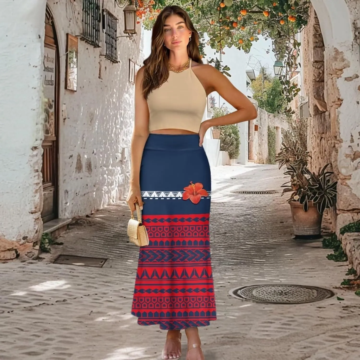 Polynesian Tribal Tatau Pattern Women's Long Maxi Skirt Vintage High Waisted A-Link Long Maxi Skirt