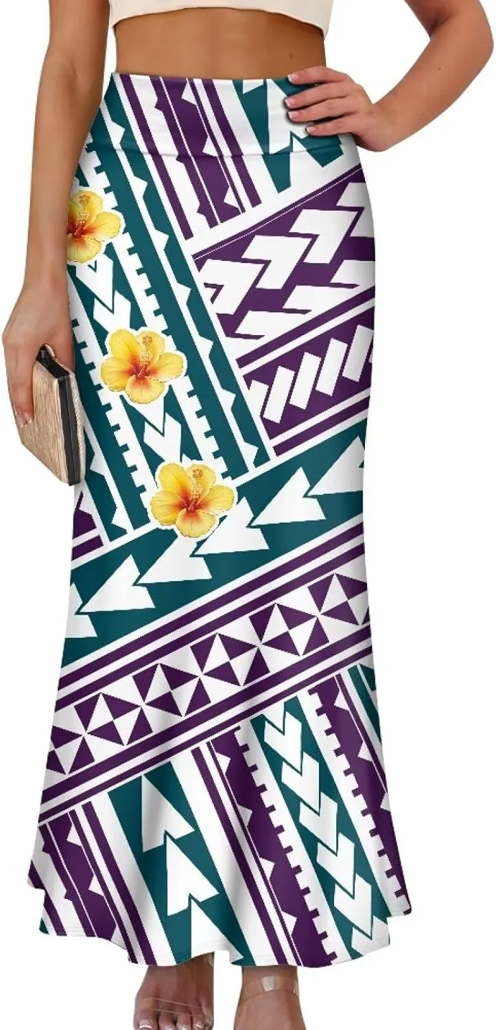 Polynesian Tribal Tatau Pattern Women's Long Maxi Skirt Vintage High Waisted A-Link Long Maxi Skirt