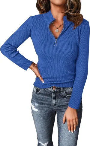PRETTYGARDEN Fall Quarter Zip Pullover Sweaters for Women 2025 Long Sleeve Collared Fitted Ribbed Knit Tops