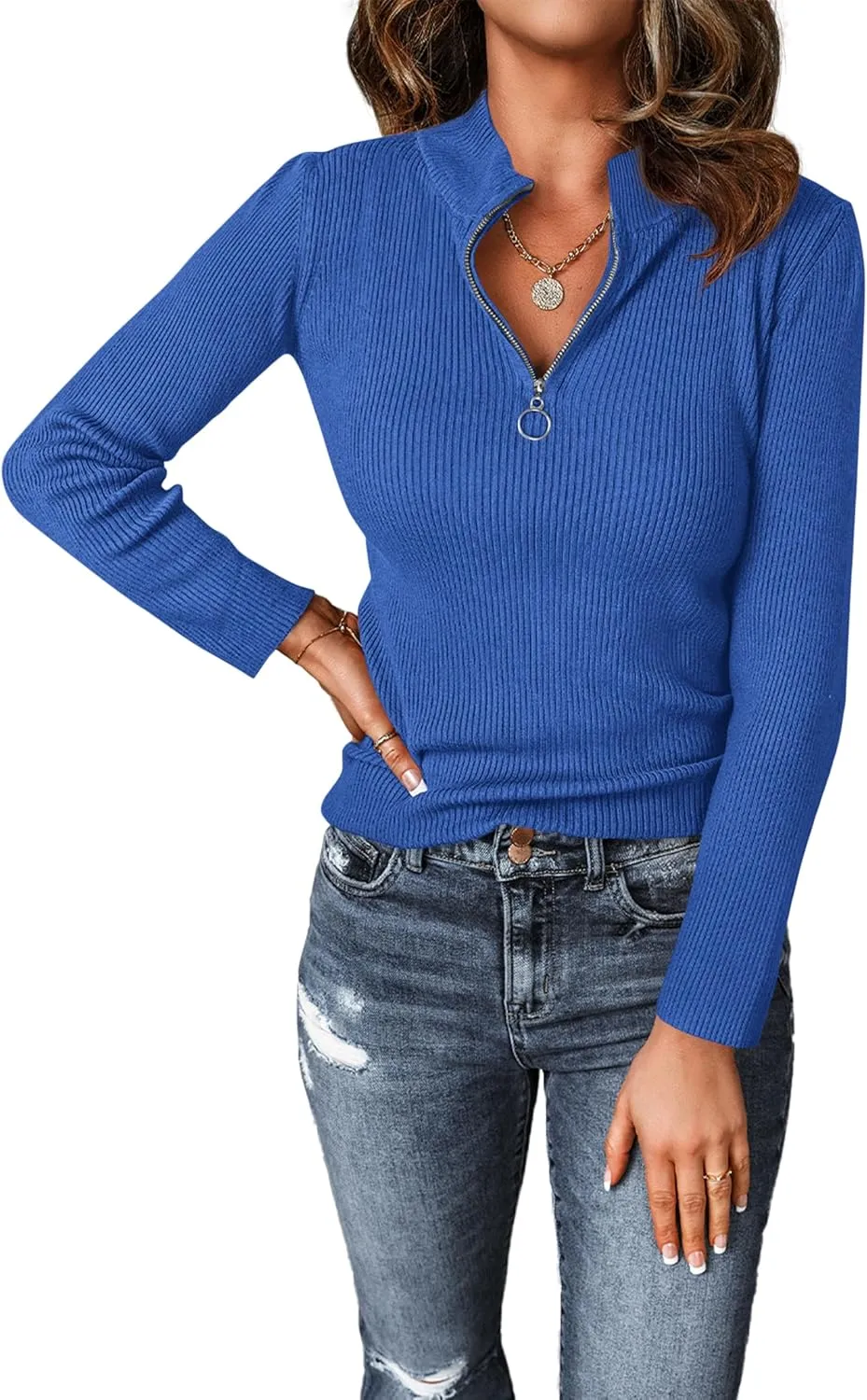 PRETTYGARDEN Fall Quarter Zip Pullover Sweaters for Women 2025 Long Sleeve Collared Fitted Ribbed Knit Tops