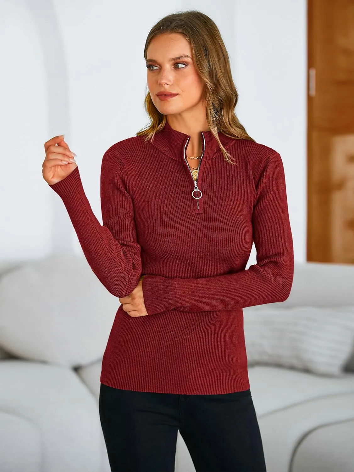 PRETTYGARDEN Fall Quarter Zip Pullover Sweaters for Women 2025 Long Sleeve Collared Fitted Ribbed Knit Tops