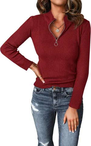 PRETTYGARDEN Fall Quarter Zip Pullover Sweaters for Women 2025 Long Sleeve Collared Fitted Ribbed Knit Tops