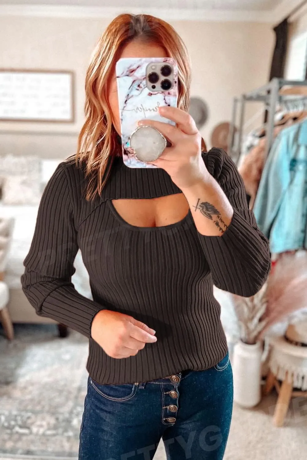 PRETTYGARDEN Women's 2025 Fashion Fall Clothes 2 Piece Cutout Tops Long Sleeve Mock Neck Rib Knit Winter Pullover Sweater