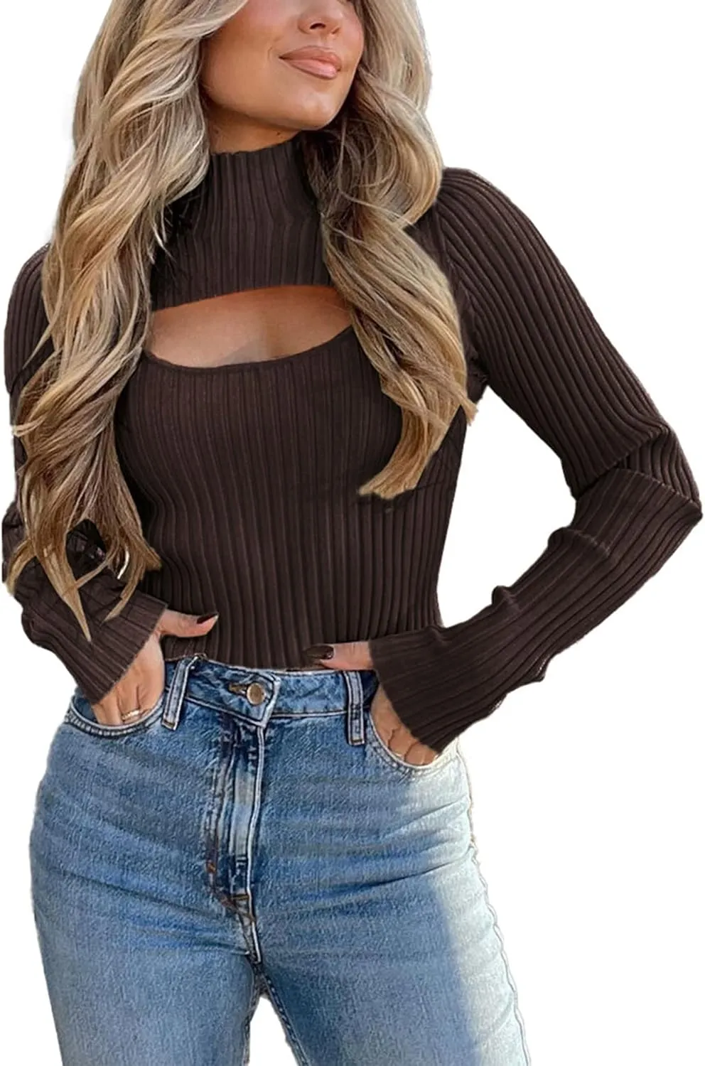 PRETTYGARDEN Women's 2025 Fashion Fall Clothes 2 Piece Cutout Tops Long Sleeve Mock Neck Rib Knit Winter Pullover Sweater