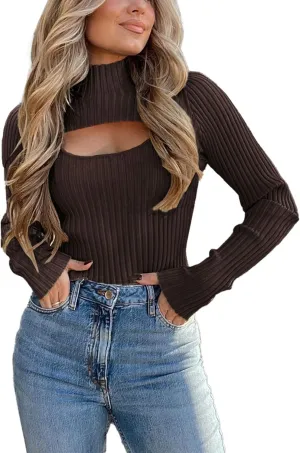 PRETTYGARDEN Women's 2025 Fashion Fall Clothes 2 Piece Cutout Tops Long Sleeve Mock Neck Rib Knit Winter Pullover Sweater