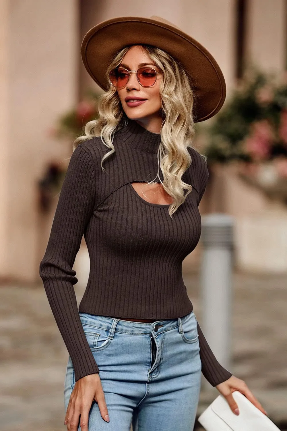 PRETTYGARDEN Women's 2025 Fashion Fall Clothes 2 Piece Cutout Tops Long Sleeve Mock Neck Rib Knit Winter Pullover Sweater