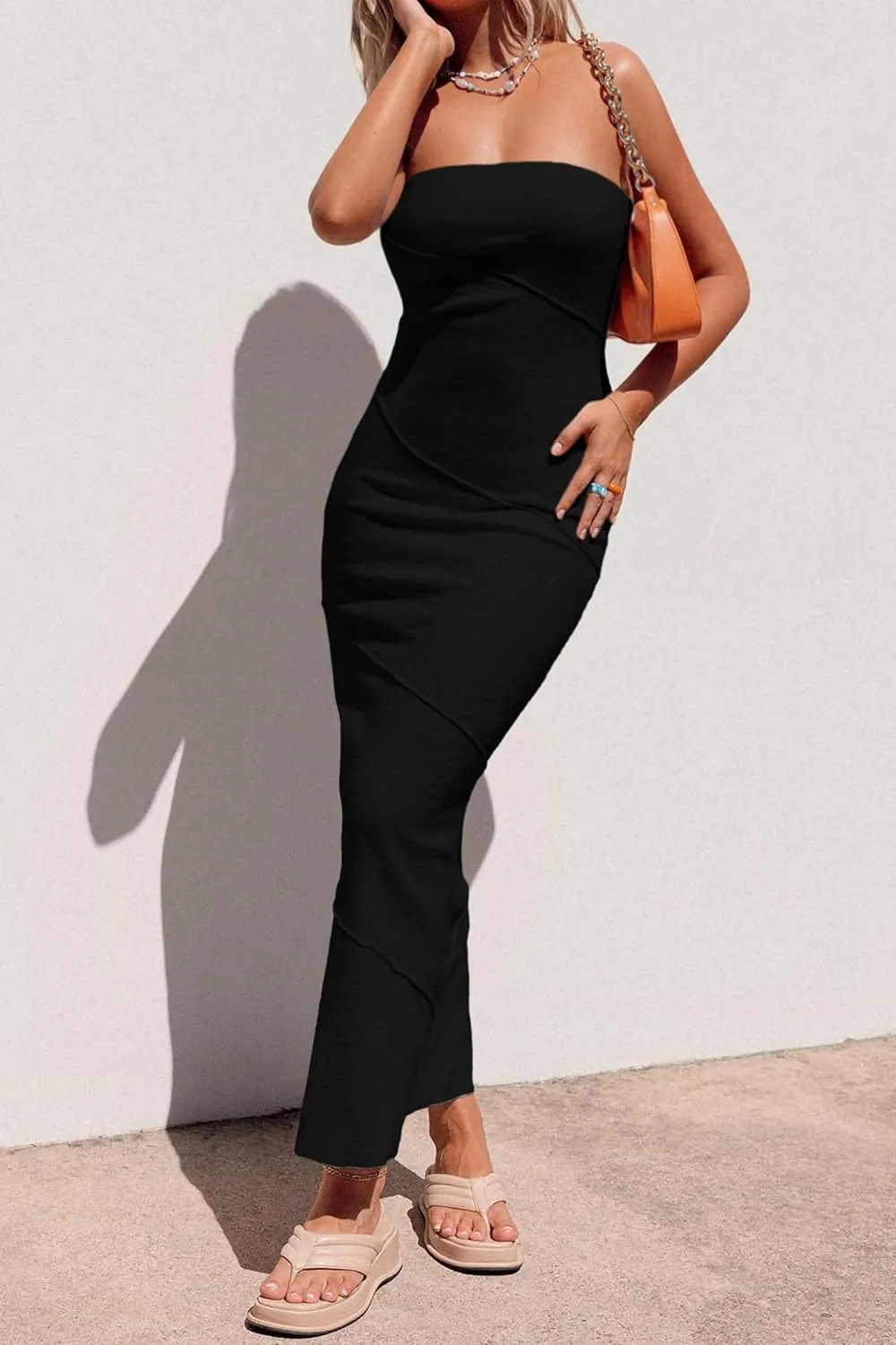 PRETTYGARDEN Women's Ribbed Maxi Bodycon Dress Summer Strapless Tube Y2K Party Club Long Dresses