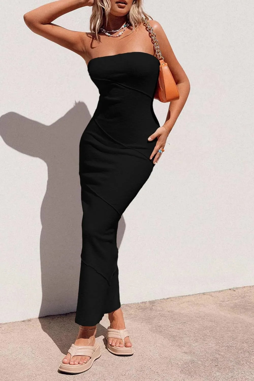 PRETTYGARDEN Women's Ribbed Maxi Bodycon Dress Summer Strapless Tube Y2K Party Club Long Dresses