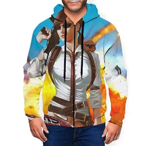 PUBG Hoodies - 3D Print Game Playerunknown's Battlegrounds Female Character Pullover with Pockets Bright Blue and Yellow
