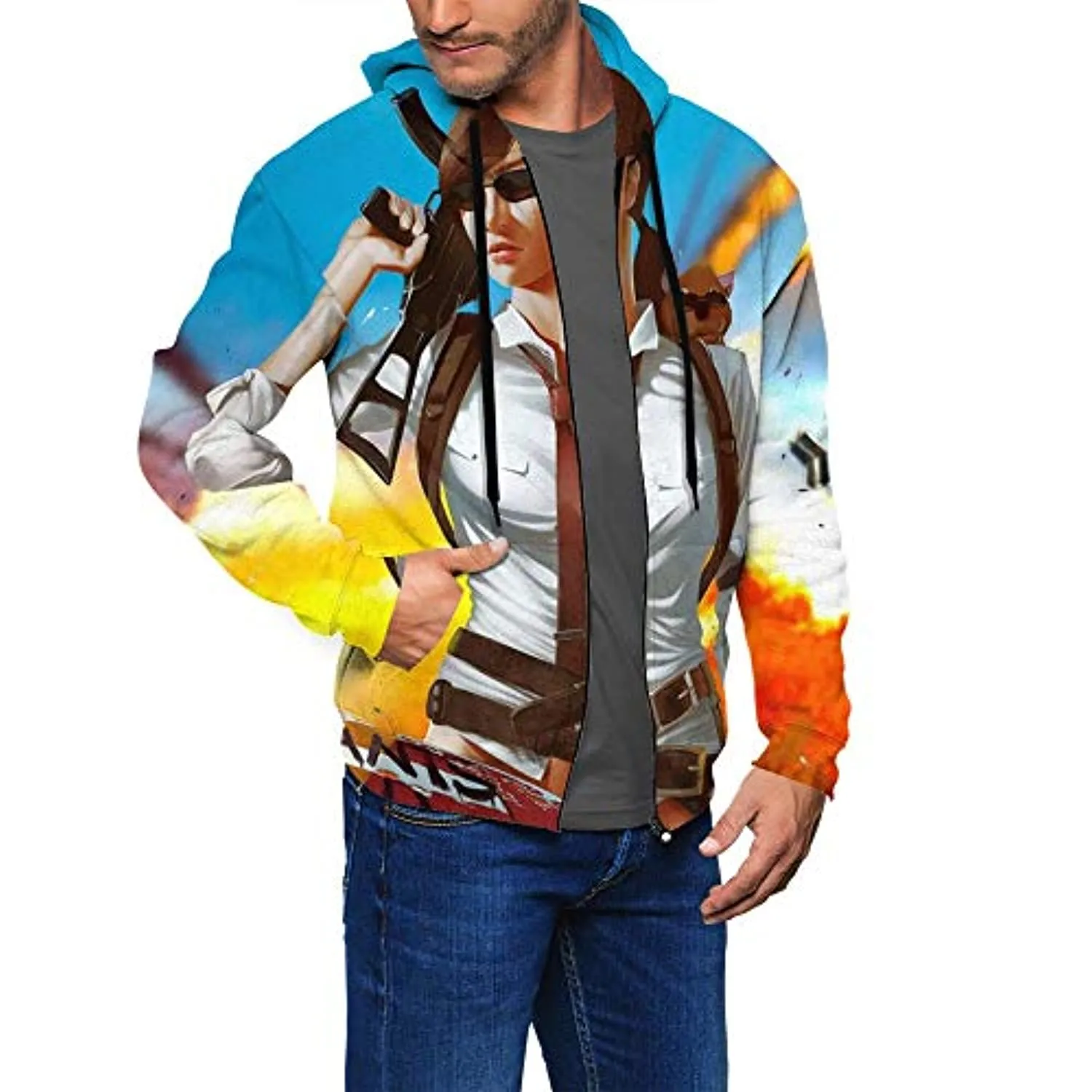 PUBG Hoodies - 3D Print Game Playerunknown's Battlegrounds Female Character Pullover with Pockets Bright Blue and Yellow
