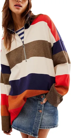 Quarter Zip Striped Oversized Knitted Pullover Sweaters for Women Lightweight Loose Fit Sweater Tops