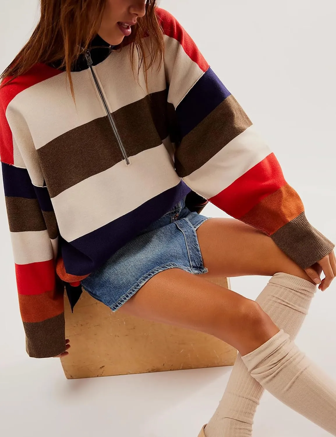 Quarter Zip Striped Oversized Knitted Pullover Sweaters for Women Lightweight Loose Fit Sweater Tops