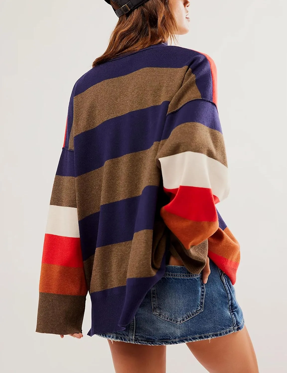 Quarter Zip Striped Oversized Knitted Pullover Sweaters for Women Lightweight Loose Fit Sweater Tops