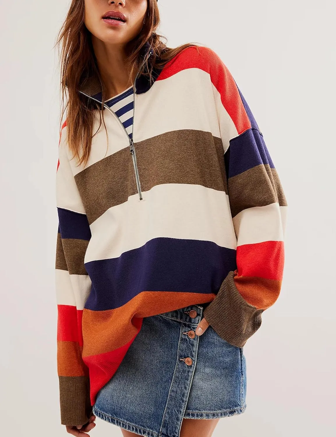 Quarter Zip Striped Oversized Knitted Pullover Sweaters for Women Lightweight Loose Fit Sweater Tops