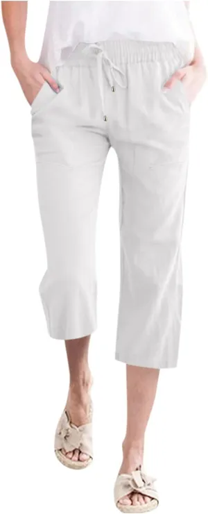 QWENTMTNTY Linen Capri Pants for Women Plus Size Wide Leg Casual Summer Elastic Waisted Drawstring Cropped Trousers Pockets