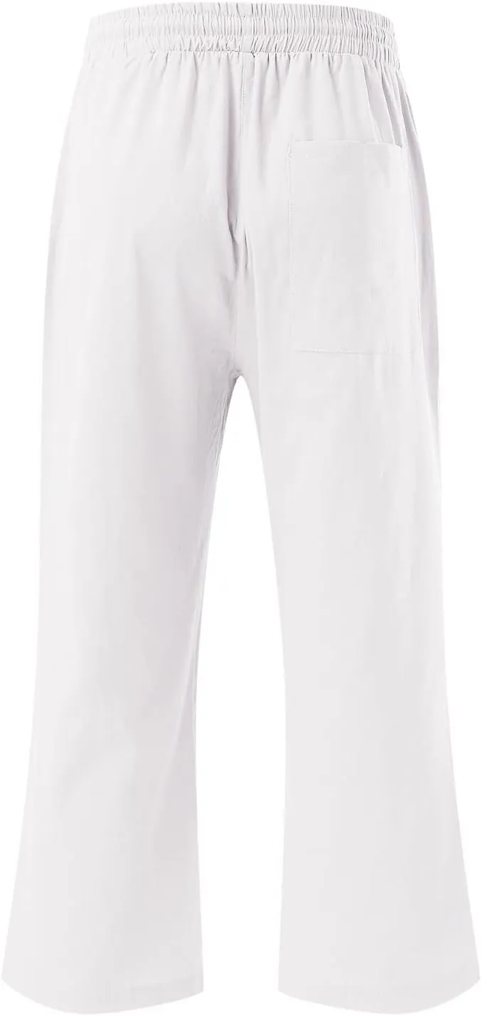 QWENTMTNTY Linen Capri Pants for Women Plus Size Wide Leg Casual Summer Elastic Waisted Drawstring Cropped Trousers Pockets