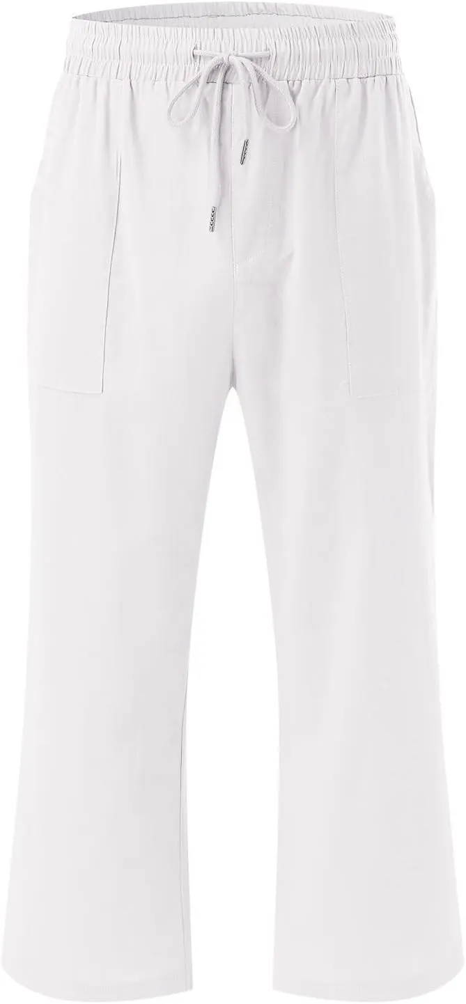 QWENTMTNTY Linen Capri Pants for Women Plus Size Wide Leg Casual Summer Elastic Waisted Drawstring Cropped Trousers Pockets