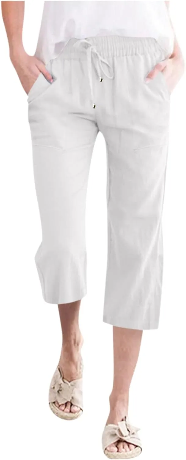 QWENTMTNTY Linen Capri Pants for Women Plus Size Wide Leg Casual Summer Elastic Waisted Drawstring Cropped Trousers Pockets