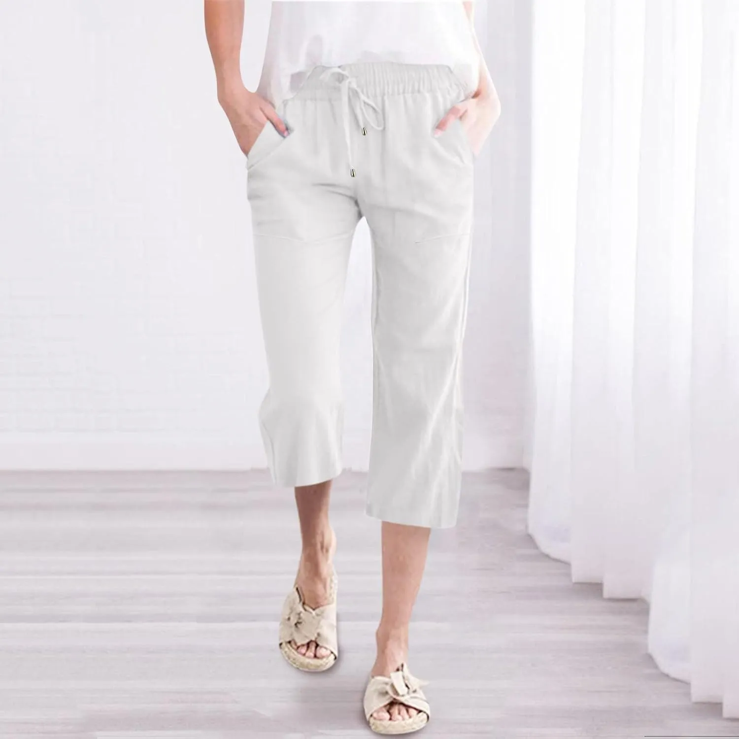 QWENTMTNTY Linen Capri Pants for Women Plus Size Wide Leg Casual Summer Elastic Waisted Drawstring Cropped Trousers Pockets