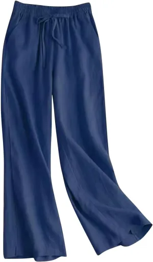 QWENTMTNTY Wide Leg Linen Pants for Women High Waisted Plus Size Casual Summer Pants Drawstring Elastic Straight Leg Pants