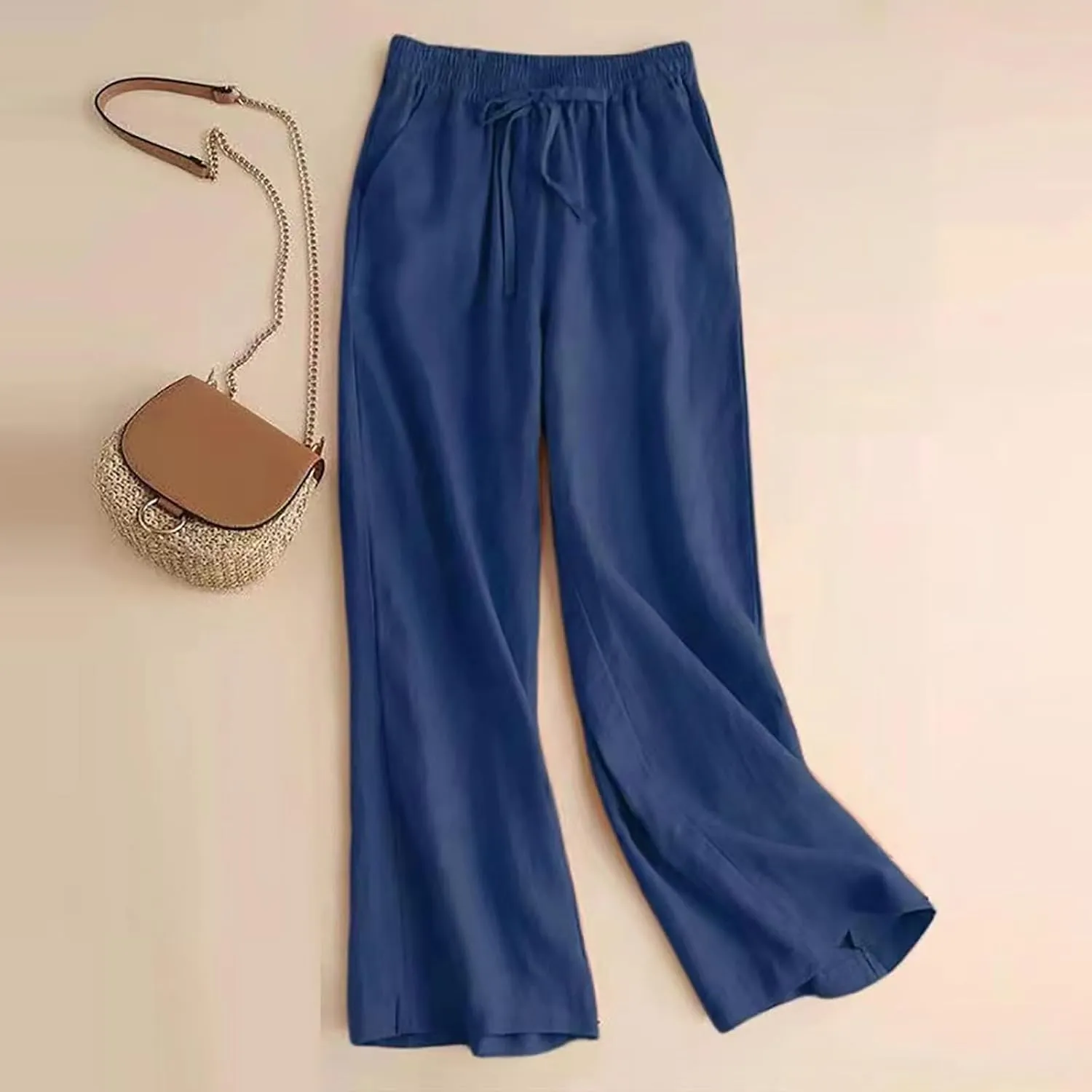 QWENTMTNTY Wide Leg Linen Pants for Women High Waisted Plus Size Casual Summer Pants Drawstring Elastic Straight Leg Pants