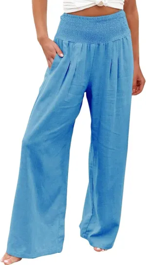 QWENTMTNTY Wide Leg Palazzo Pants for Women Cotton Linen High Waisted Plus Size Summer Pants Casual Work Dressy Trousers