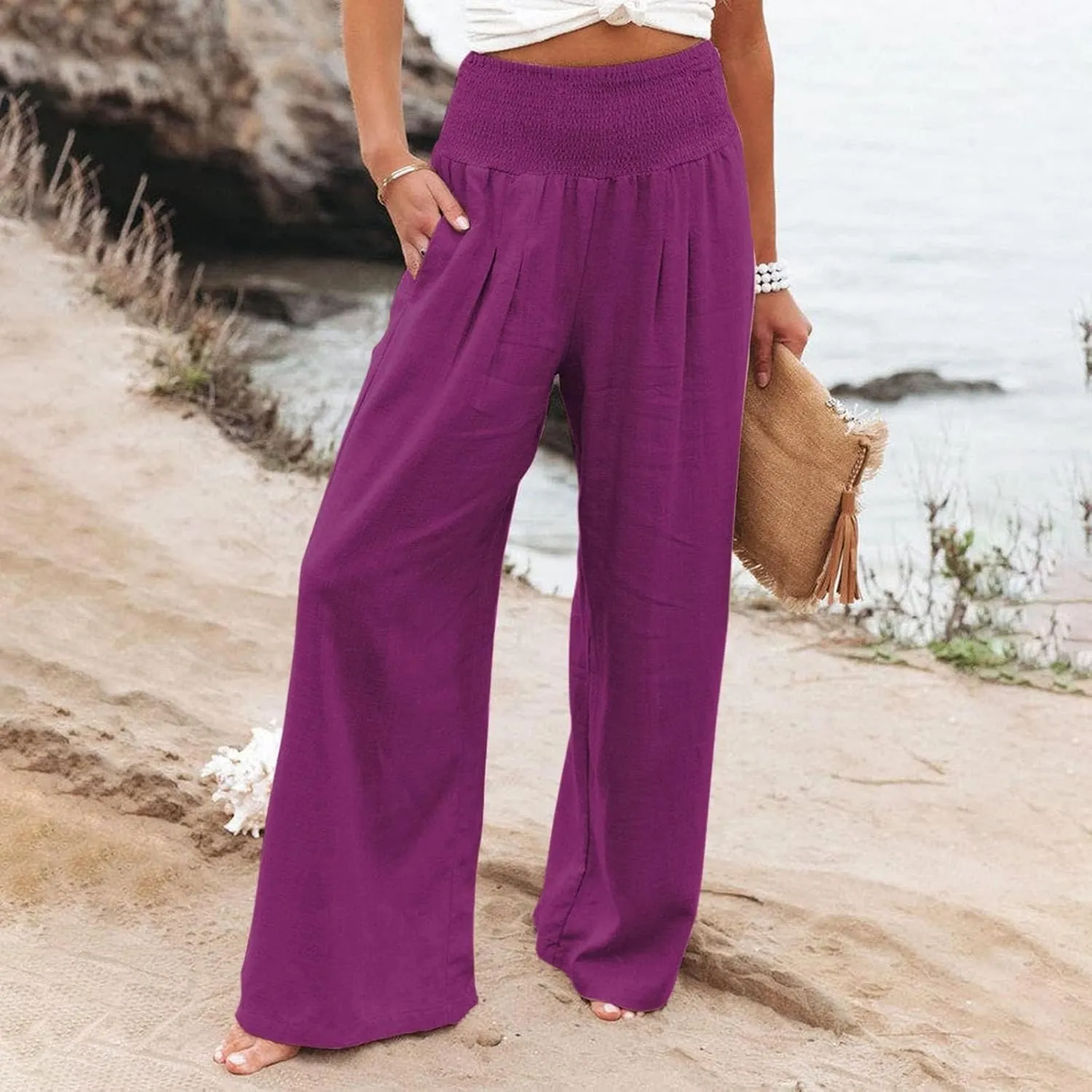 QWENTMTNTY Wide Leg Palazzo Pants for Women Cotton Linen High Waisted Plus Size Summer Pants Casual Work Dressy Trousers