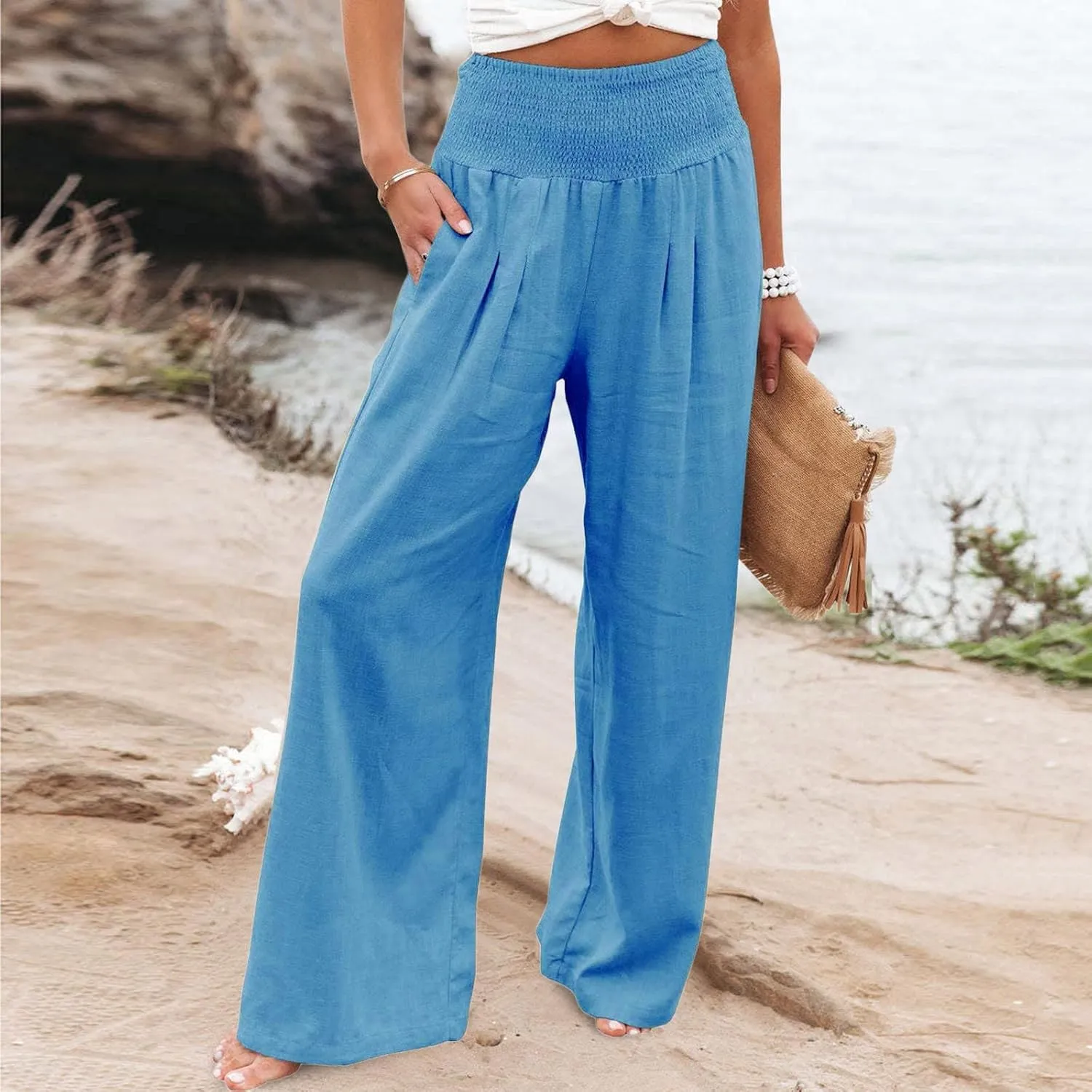 QWENTMTNTY Wide Leg Palazzo Pants for Women Cotton Linen High Waisted Plus Size Summer Pants Casual Work Dressy Trousers