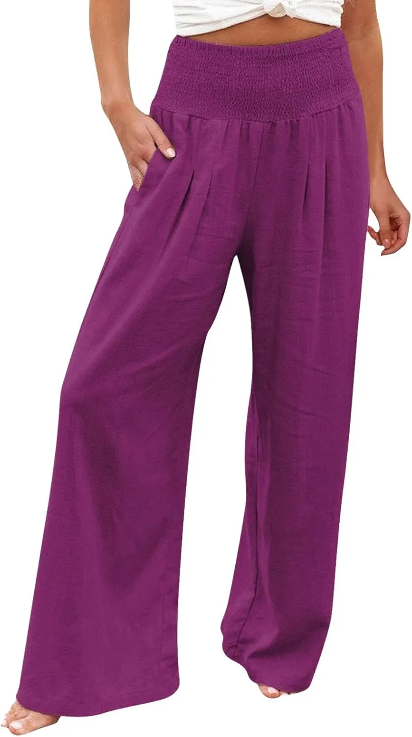 QWENTMTNTY Wide Leg Palazzo Pants for Women Cotton Linen High Waisted Plus Size Summer Pants Casual Work Dressy Trousers