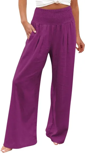QWENTMTNTY Wide Leg Palazzo Pants for Women Cotton Linen High Waisted Plus Size Summer Pants Casual Work Dressy Trousers