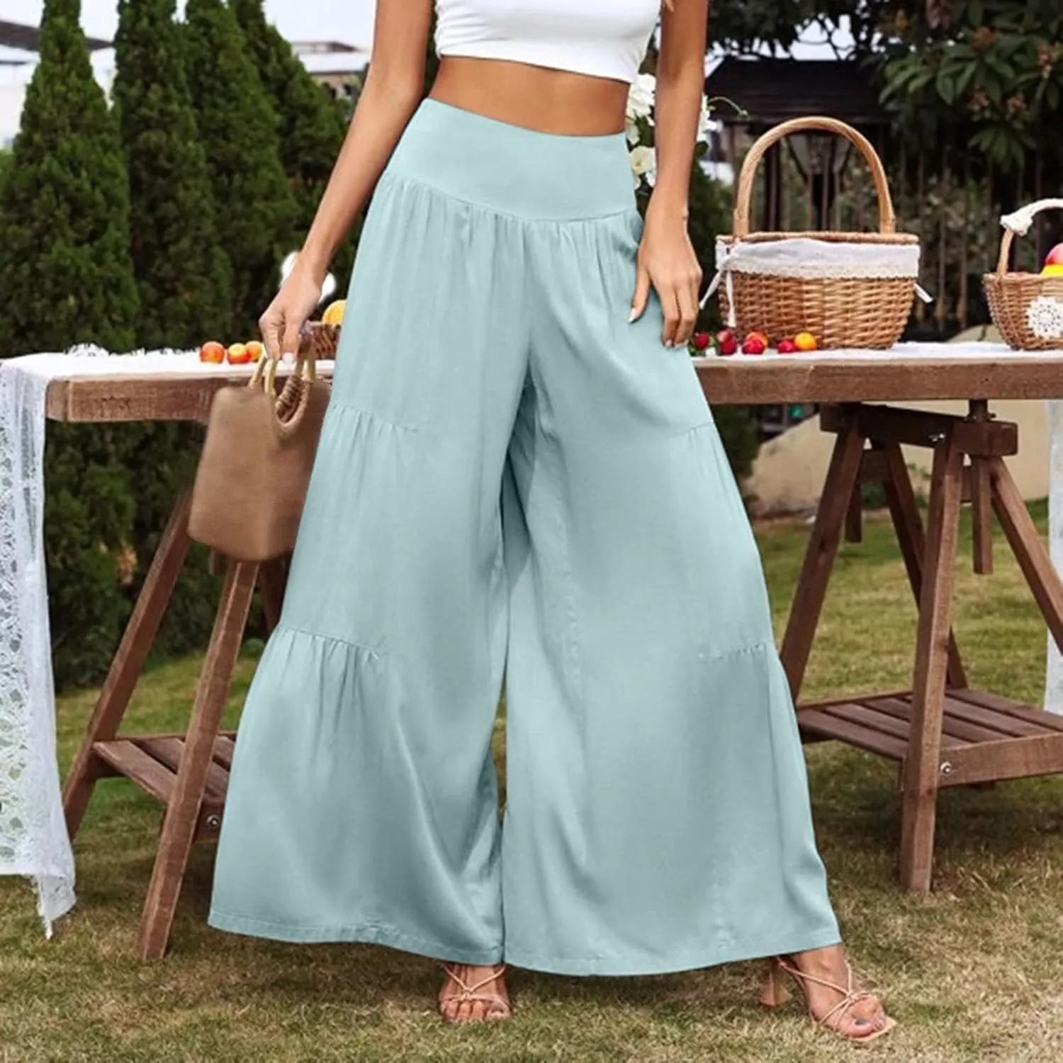 QWENTMTNTY Wide Legged Pants for Women Dressy Casual 2024 Cotton Linen Palazzo Pants Smocked High Waisted Summer Trousers