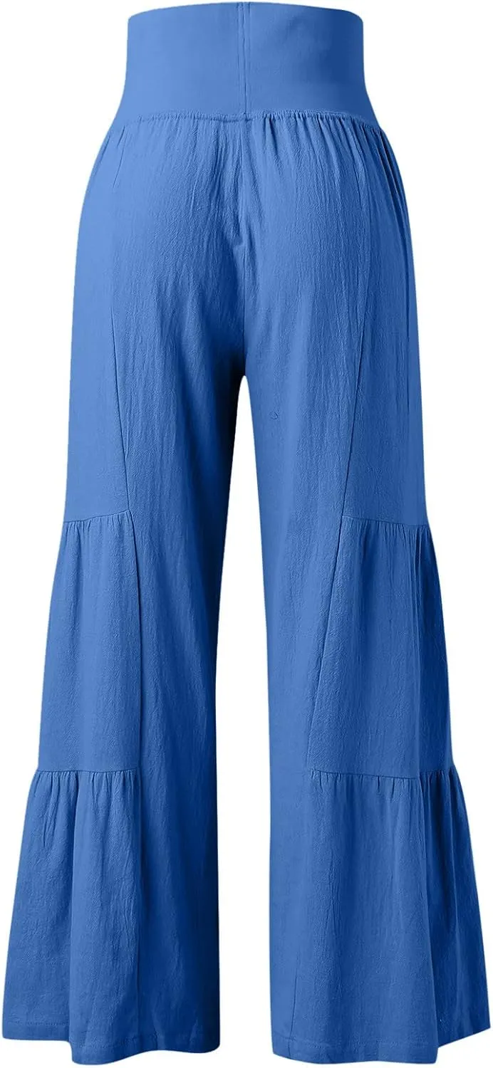 QWENTMTNTY Wide Legged Pants for Women Dressy Casual 2024 Cotton Linen Palazzo Pants Smocked High Waisted Summer Trousers