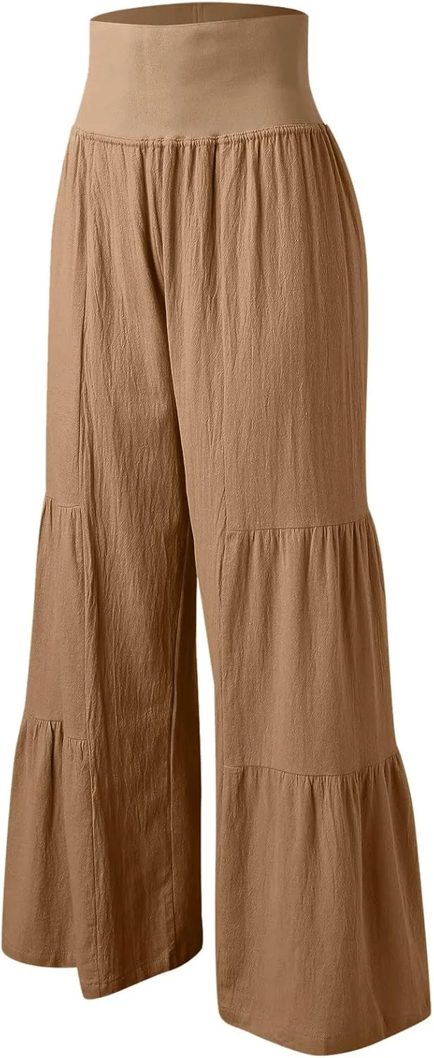 QWENTMTNTY Wide Legged Pants for Women Dressy Casual 2024 Cotton Linen Palazzo Pants Smocked High Waisted Summer Trousers