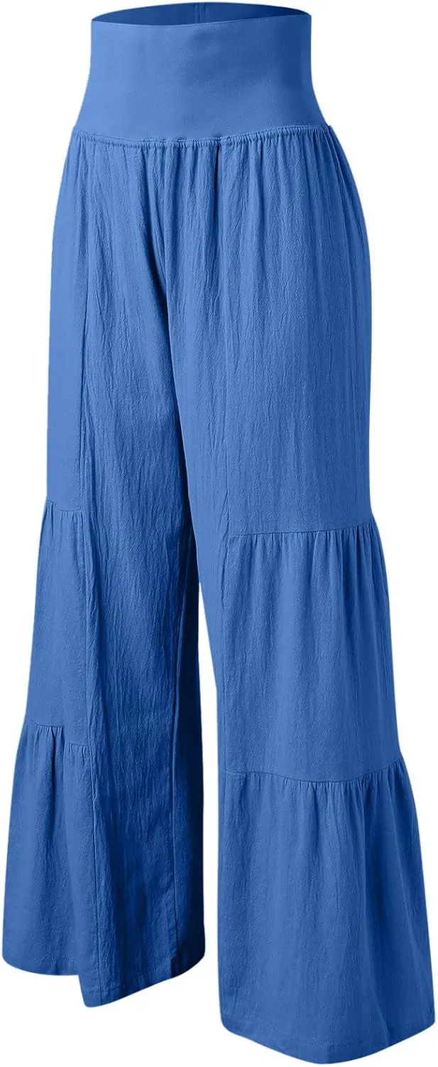 QWENTMTNTY Wide Legged Pants for Women Dressy Casual 2024 Cotton Linen Palazzo Pants Smocked High Waisted Summer Trousers