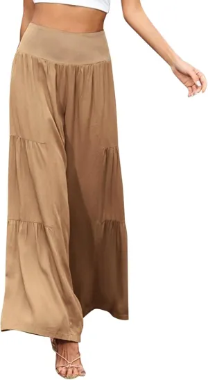 QWENTMTNTY Wide Legged Pants for Women Dressy Casual 2024 Cotton Linen Palazzo Pants Smocked High Waisted Summer Trousers