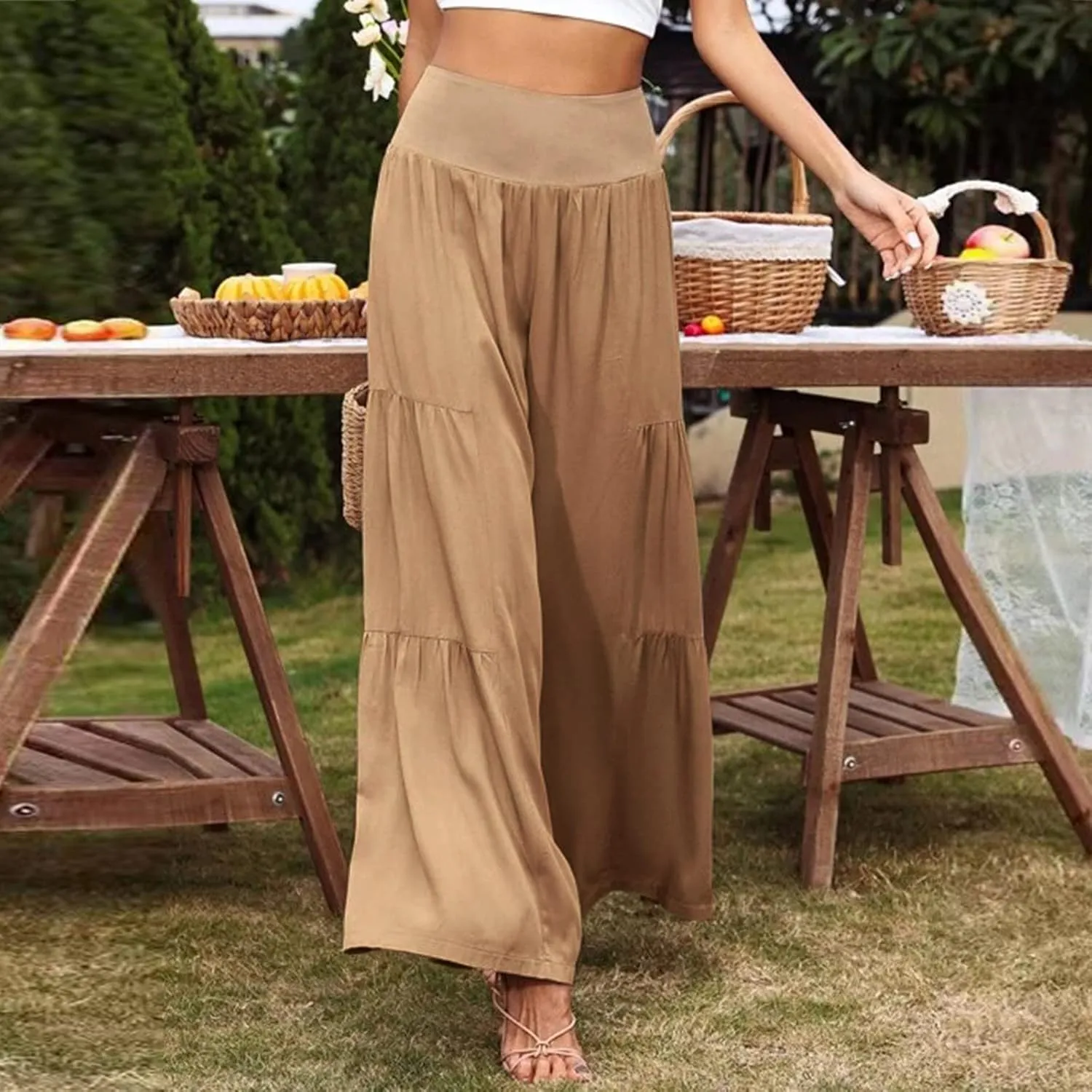 QWENTMTNTY Wide Legged Pants for Women Dressy Casual 2024 Cotton Linen Palazzo Pants Smocked High Waisted Summer Trousers