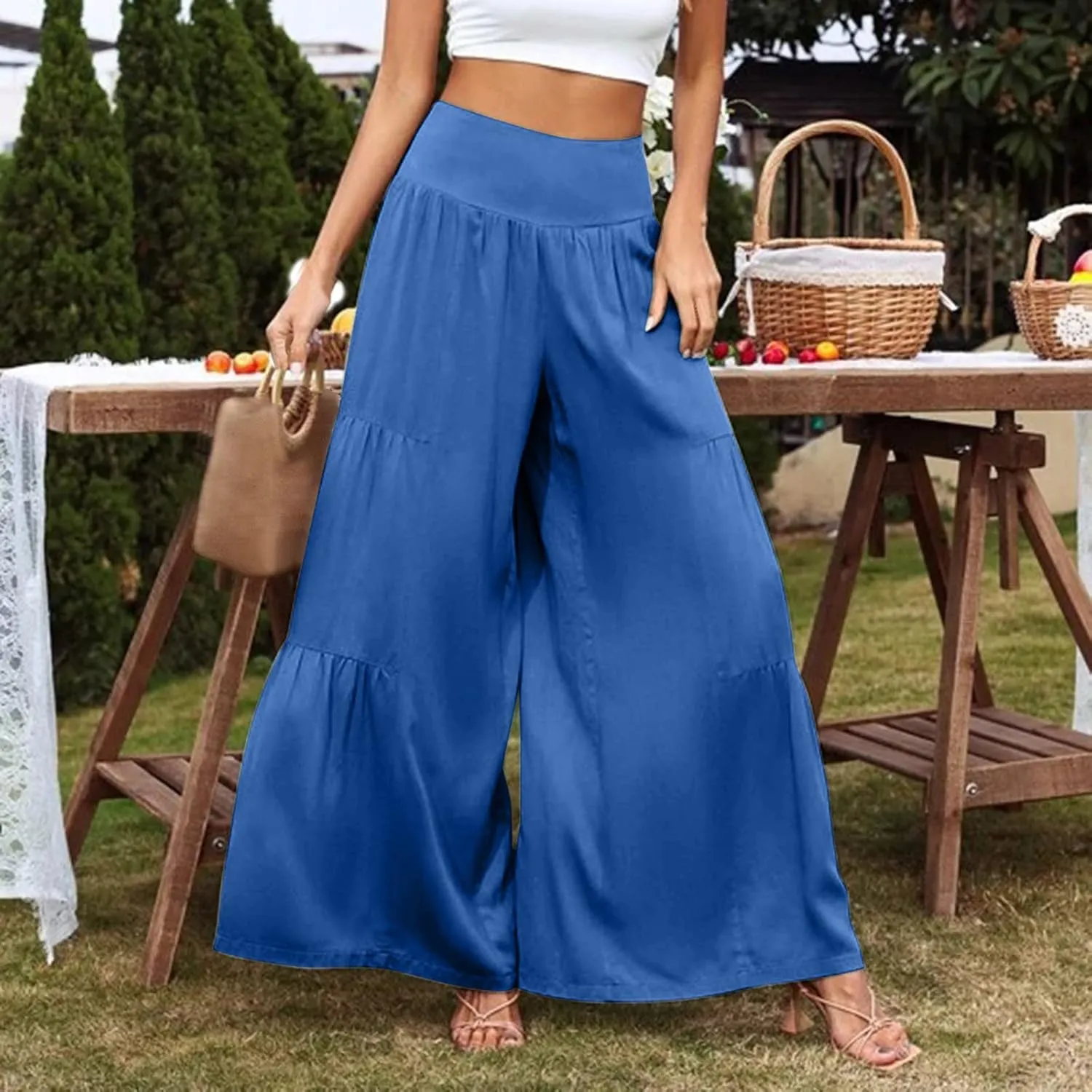 QWENTMTNTY Wide Legged Pants for Women Dressy Casual 2024 Cotton Linen Palazzo Pants Smocked High Waisted Summer Trousers