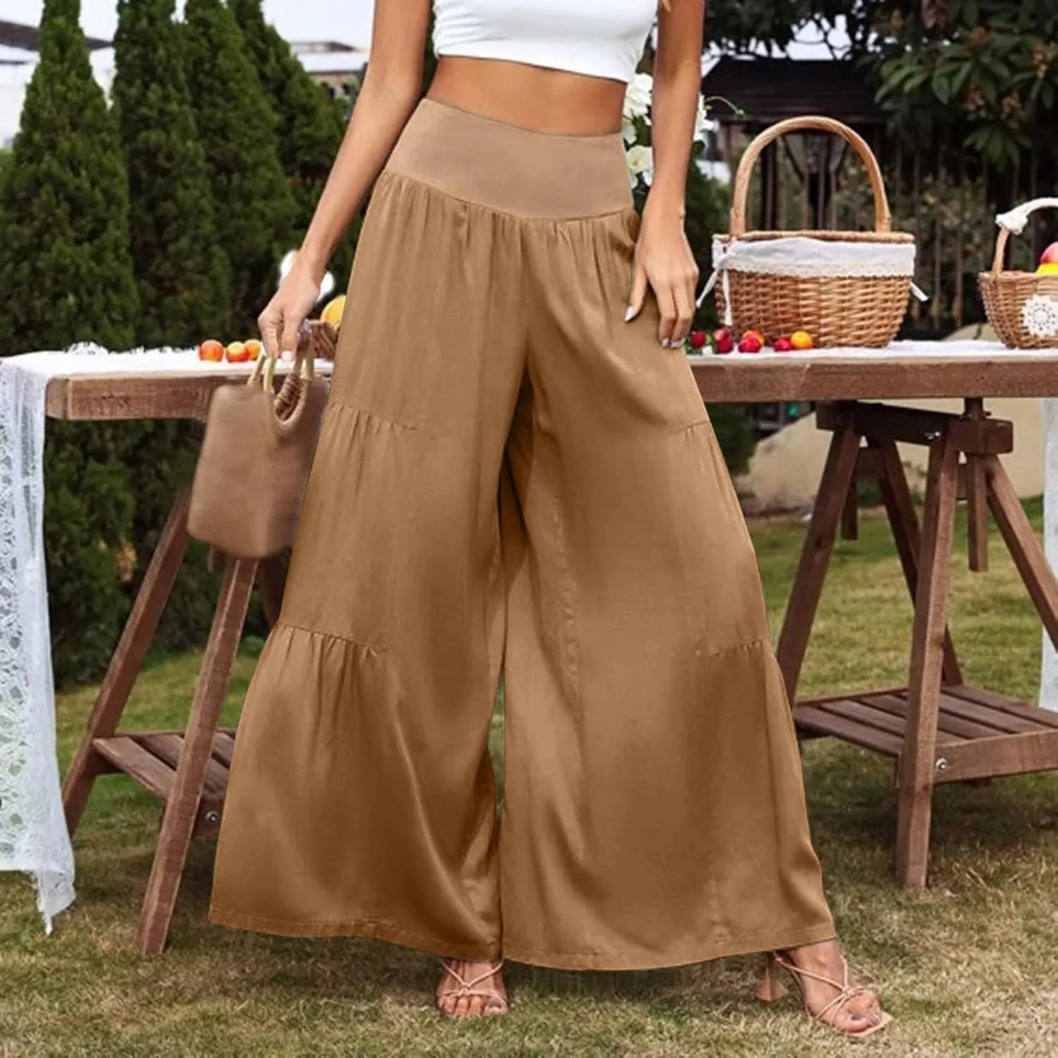 QWENTMTNTY Wide Legged Pants for Women Dressy Casual 2024 Cotton Linen Palazzo Pants Smocked High Waisted Summer Trousers
