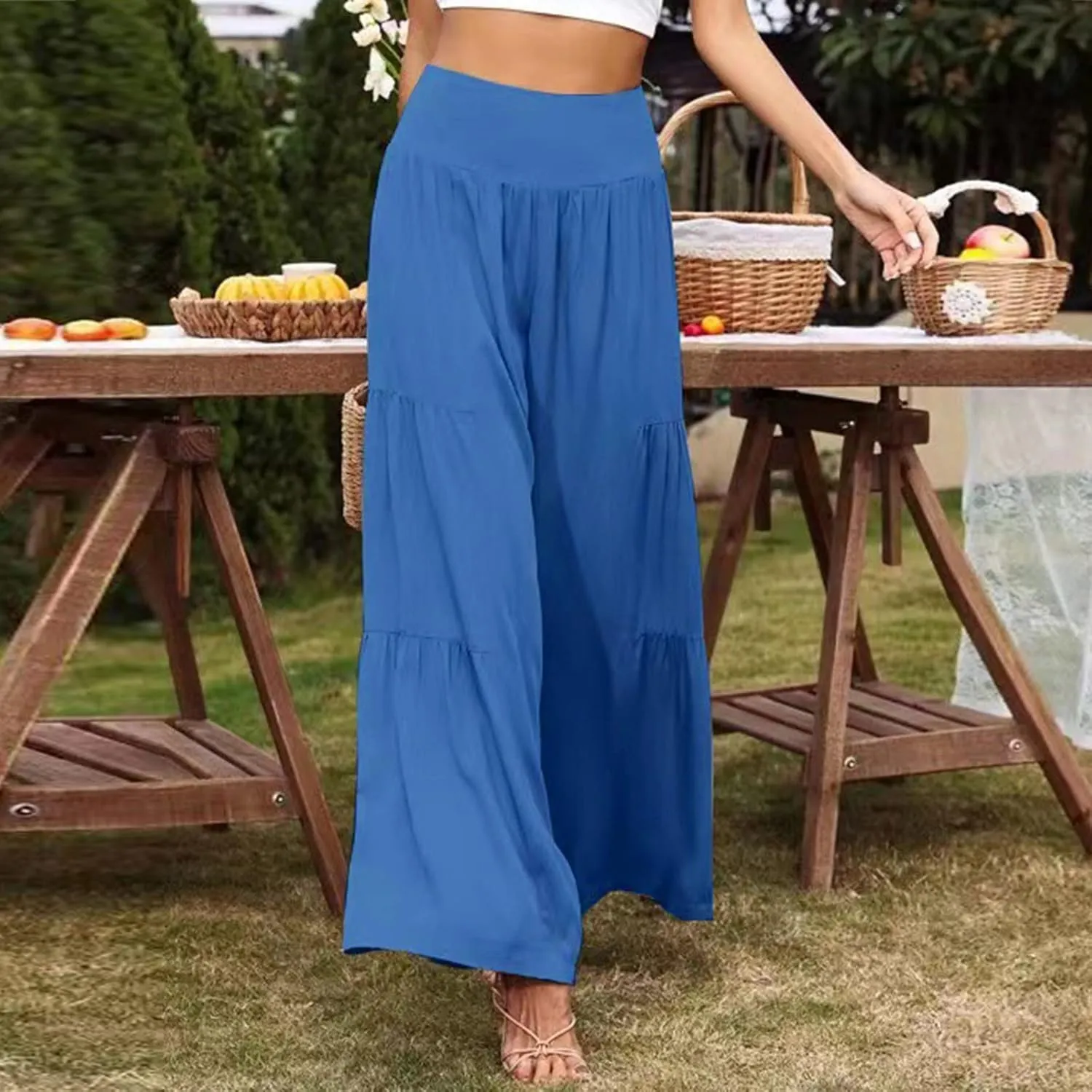 QWENTMTNTY Wide Legged Pants for Women Dressy Casual 2024 Cotton Linen Palazzo Pants Smocked High Waisted Summer Trousers