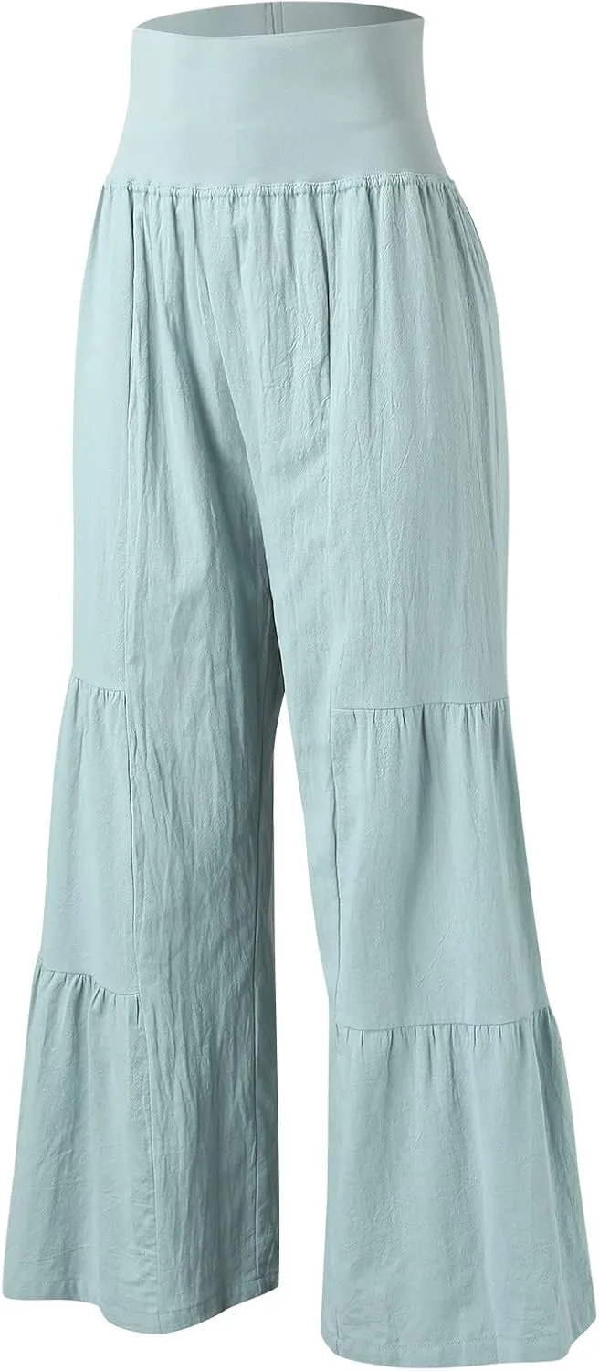 QWENTMTNTY Wide Legged Pants for Women Dressy Casual 2024 Cotton Linen Palazzo Pants Smocked High Waisted Summer Trousers
