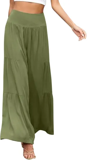 QWENTMTNTY Wide Legged Pants for Women Dressy Casual 2024 Cotton Linen Palazzo Pants Smocked High Waisted Summer Trousers
