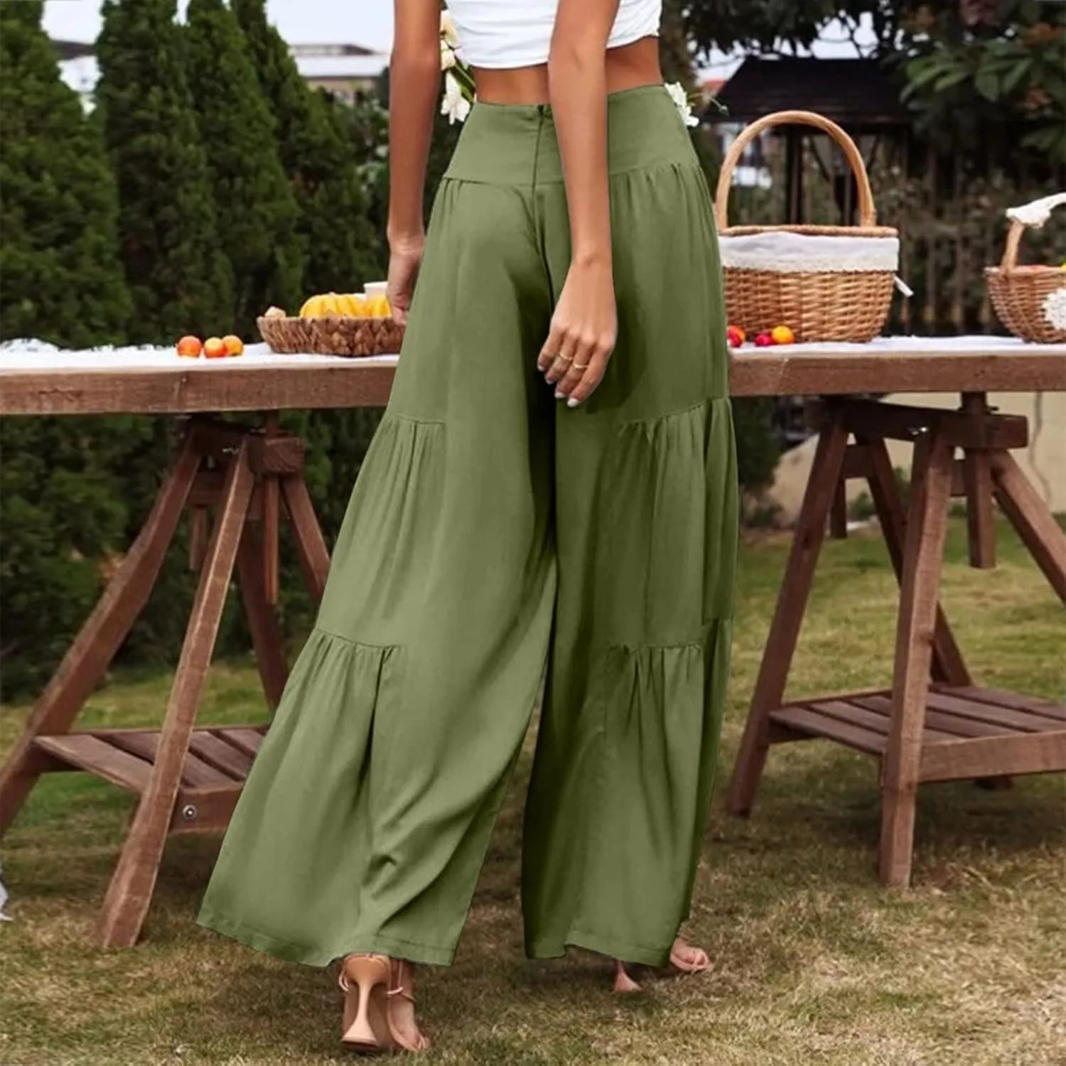 QWENTMTNTY Wide Legged Pants for Women Dressy Casual 2024 Cotton Linen Palazzo Pants Smocked High Waisted Summer Trousers