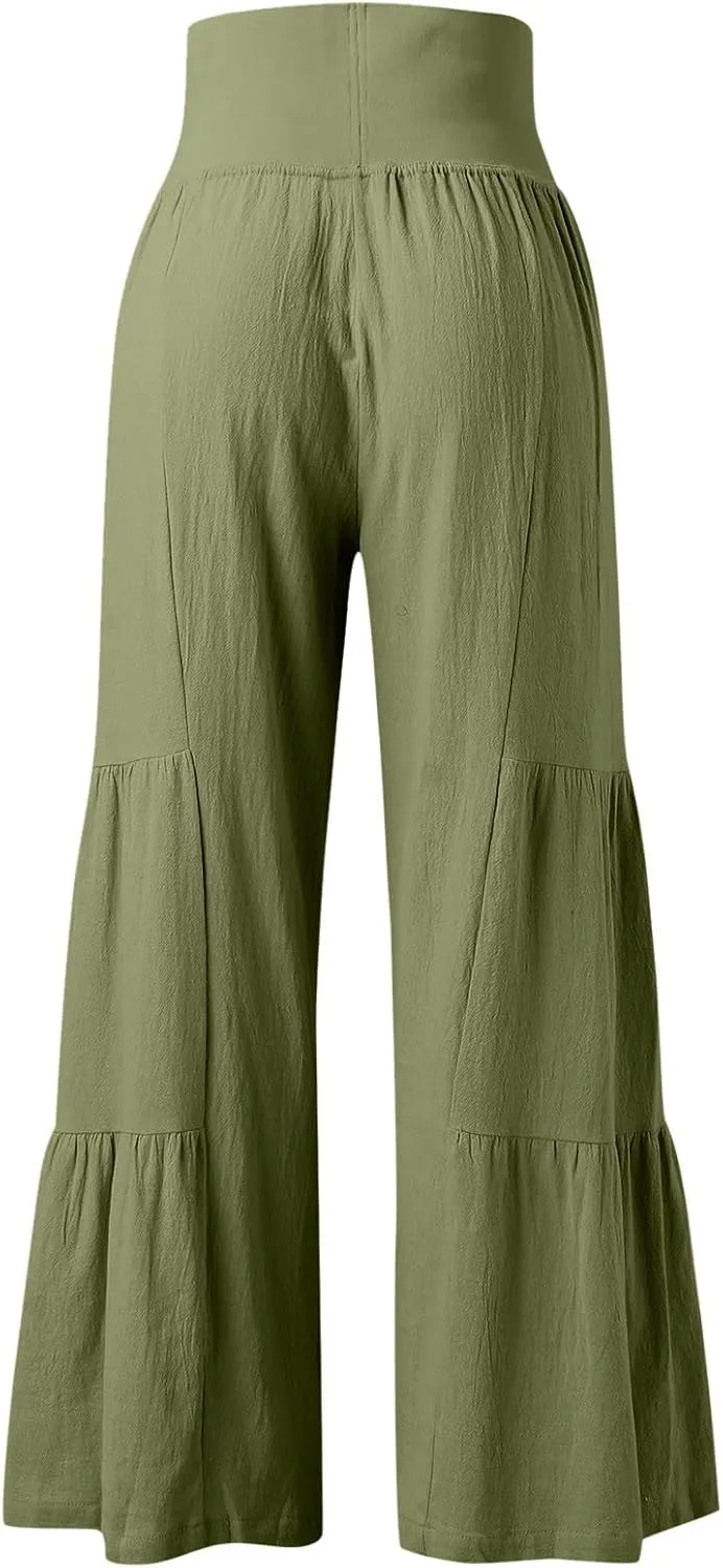 QWENTMTNTY Wide Legged Pants for Women Dressy Casual 2024 Cotton Linen Palazzo Pants Smocked High Waisted Summer Trousers