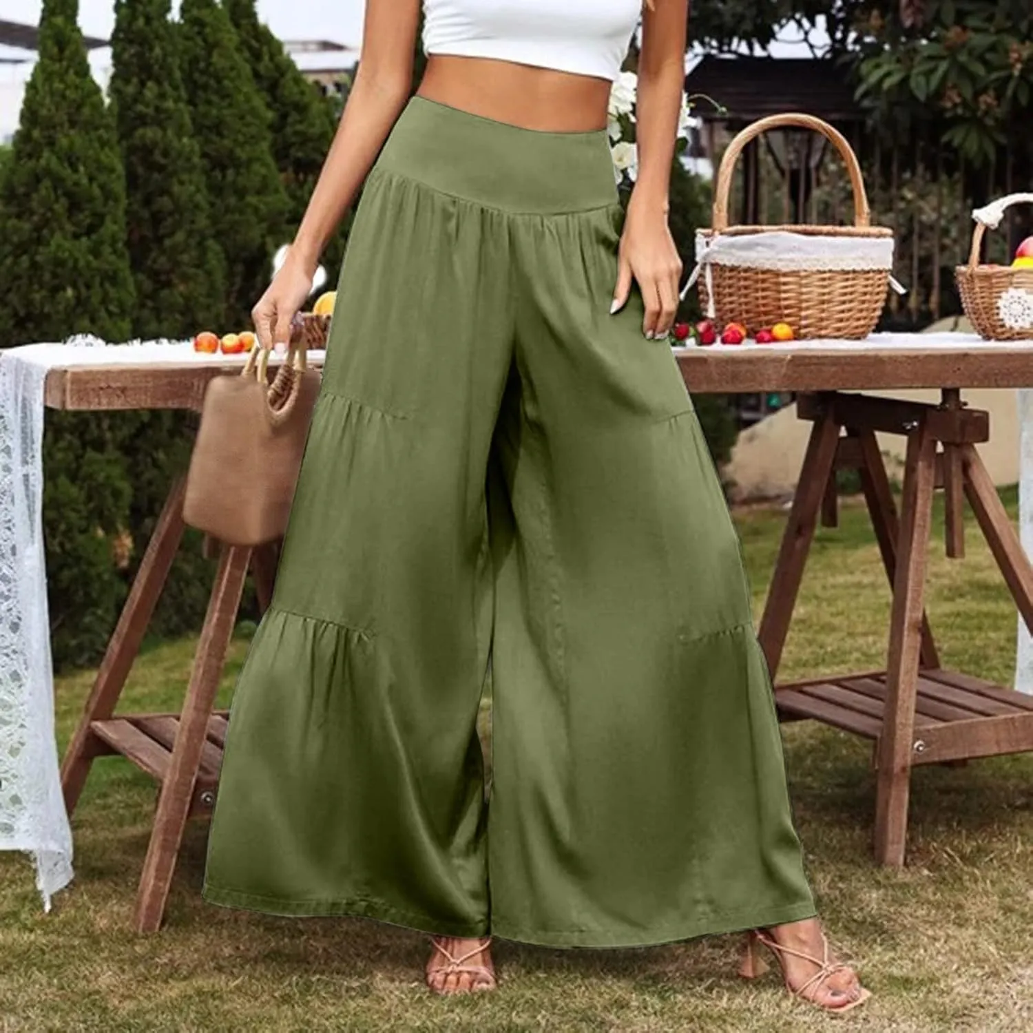 QWENTMTNTY Wide Legged Pants for Women Dressy Casual 2024 Cotton Linen Palazzo Pants Smocked High Waisted Summer Trousers